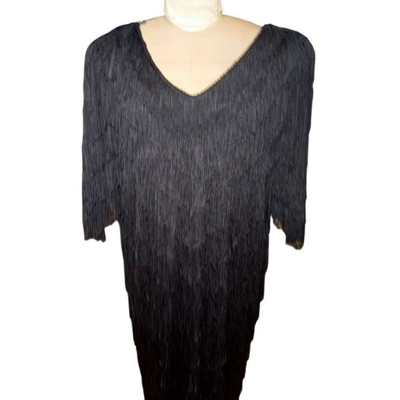 Chez California Vtg Fringe Cocktail Special Occasion Dress Black Sz. 22W Plus - Picture 2 of 5